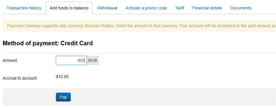 Entering the replenishment amount and clicking the Pay button in Boomstream