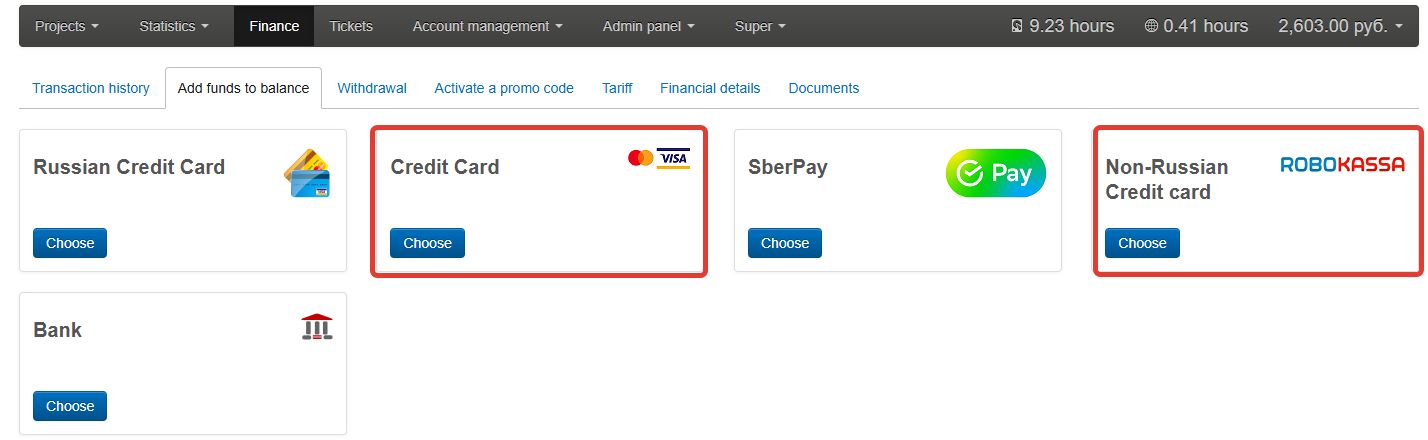 Selecting Credit Card or Non-Russian Credit Card payment option in Boomstream