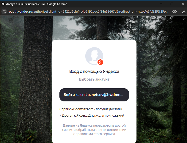 Окно авторизации в аккаунте Яндекса для предоставления доступа Boomstream