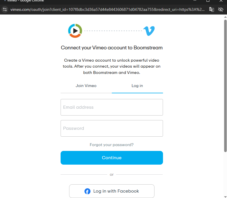 Окно авторизации в аккаунте Vimeo для предоставления доступа Boomstream