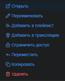 Меню быстрых действий с видеофайлом