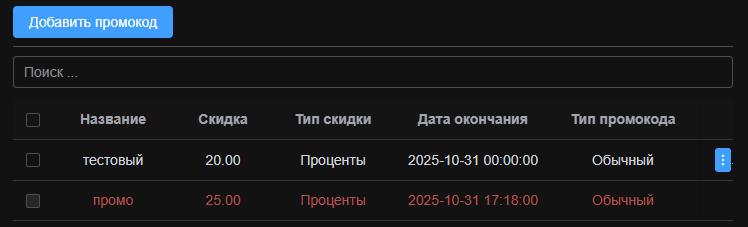 Цветовые индикаторы статусов промокодов