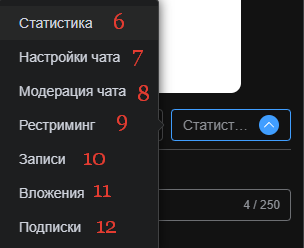 Меню дополнительных вкладок карточки трансляции