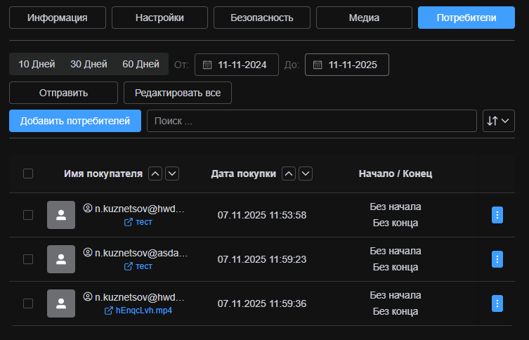 Список потребителей в карточке сбора данных