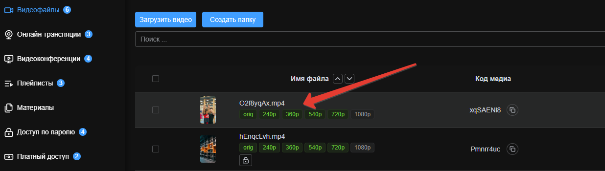 Переход в карточку видео в разделе «Видеофайлы»