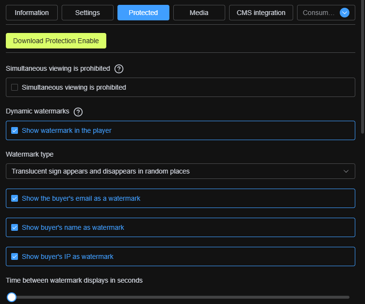 Boomstream Security tab with Show Watermarks and Prevent Simultaneous Viewing options