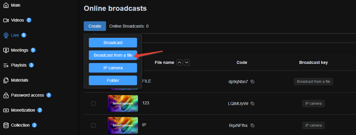 Creating a new online broadcast from a video file in the Boomstream dashboard
