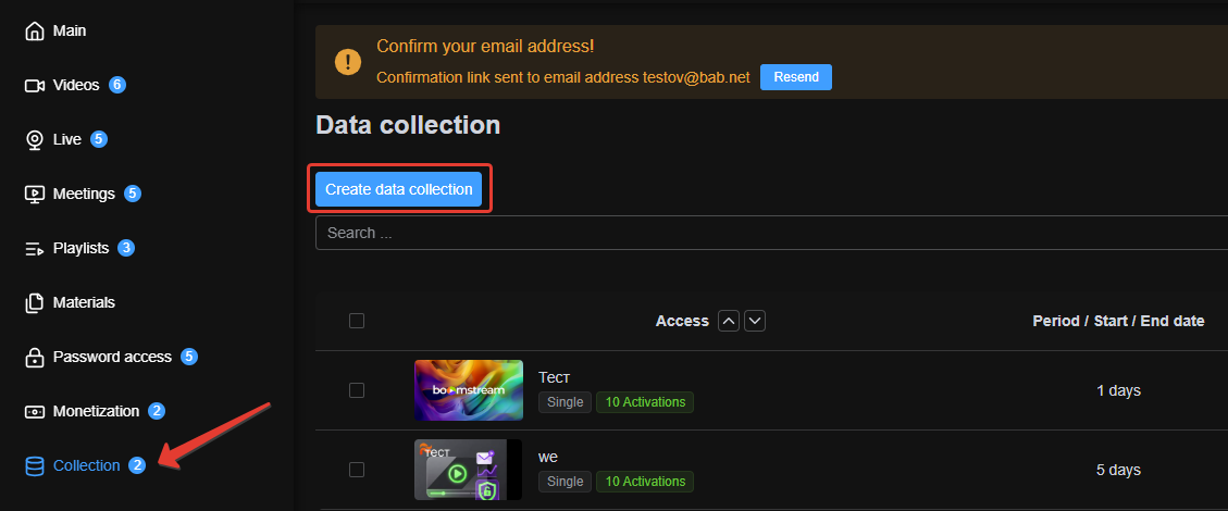 Creating a new Data Collection form in the Boomstream dashboard