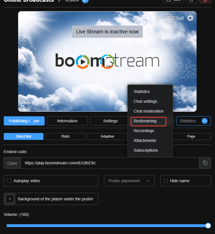 Navigating to the Restreaming tab in Boomstream