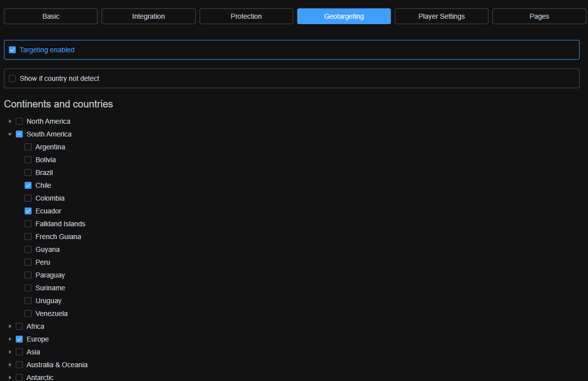 Configuring geotargeting regions and the 'Show if country not detect' option in Boomstream