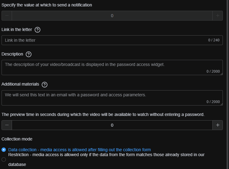 Additional password access settings including preview time, descriptions, and IP restoration