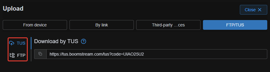 FTP and TUS client upload options in Boomstream