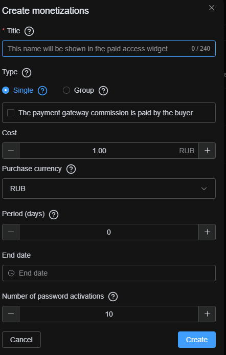 Configuring initial paid access parameters like type, price, period, and activations