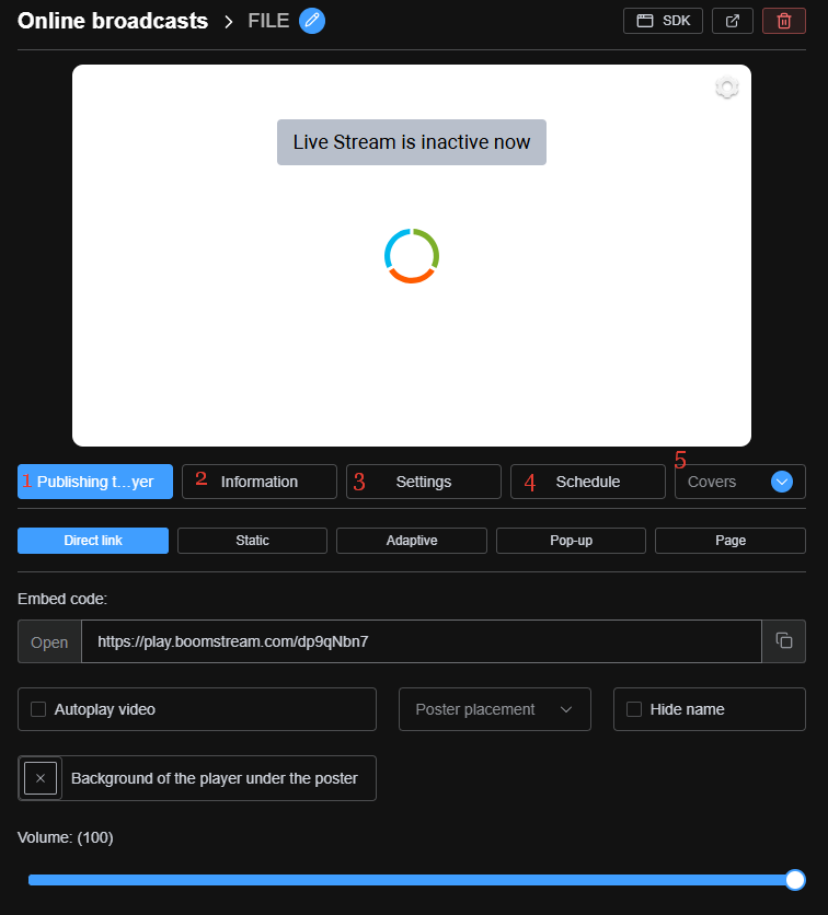 Boomstream online broadcast management menu and tabs