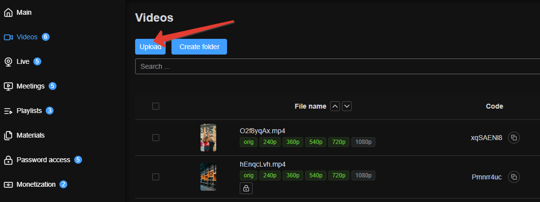 Boomstream Upload button in the Videos section