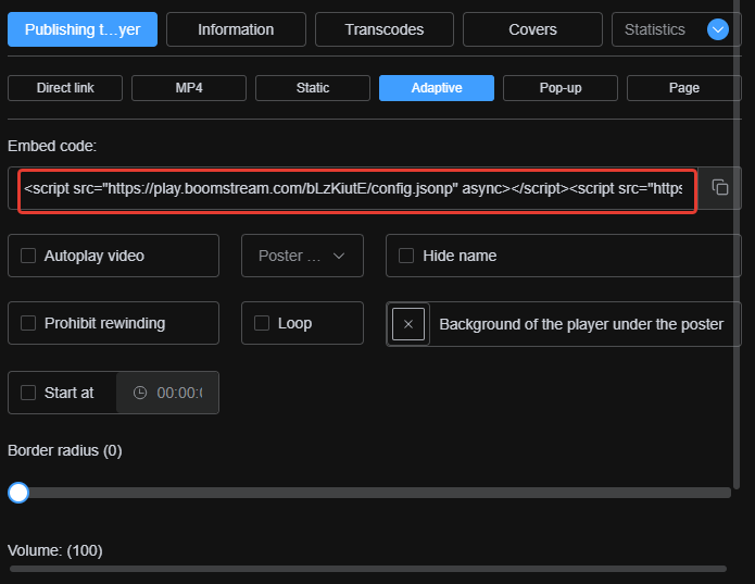 Retrieving the JS player embed code from the Player Publishing tab