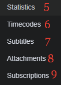 Video card overview showing Statistics, Timecodes, Subtitles, Attachments, and Subscriptions tabs