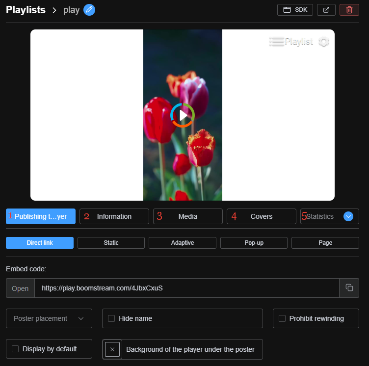 Playlist card overview showing Publishing, Information, and Media tabs