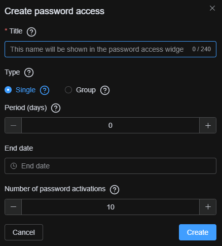 Configuring initial password access parameters like type, period, and activations