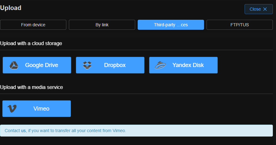 Selecting Google Drive as the upload source in Boomstream