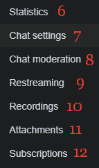 Additional broadcast management tabs menu in Boomstream