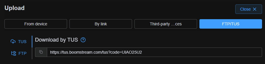 TUS client upload link for specific folders in the Boomstream dashboard
