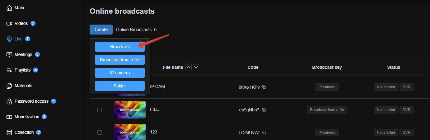 Creating a new live broadcast in the Boomstream Online Broadcasts section