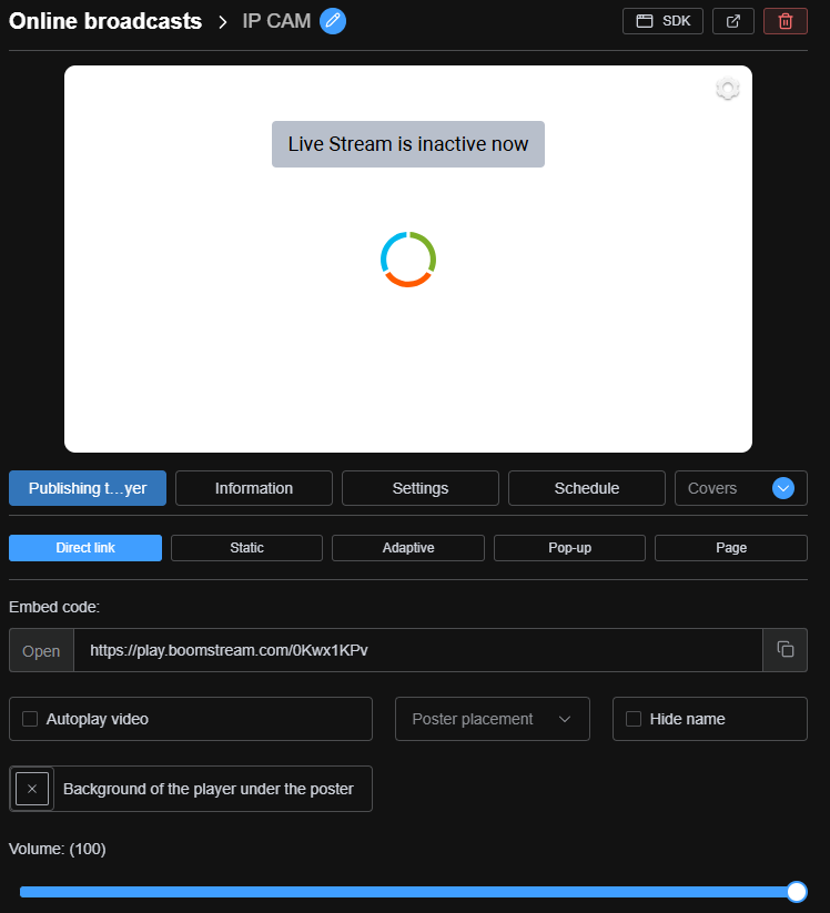 Publishing player options with embed codes and links for IP camera broadcast