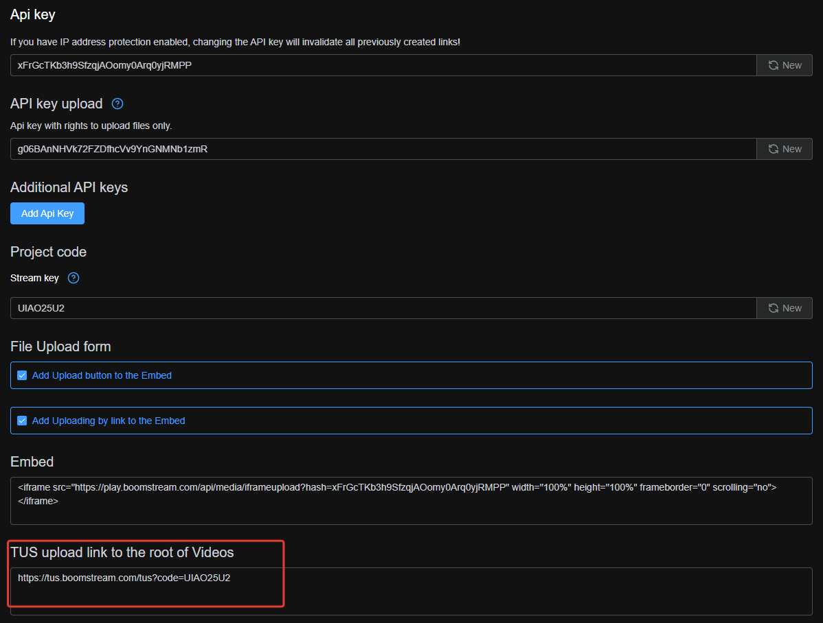Locating the TUS client file upload link in Boomstream Project Settings