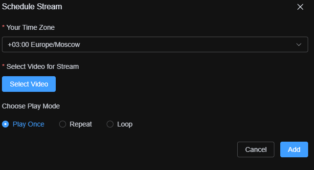 Selecting a specific video file for the live broadcast