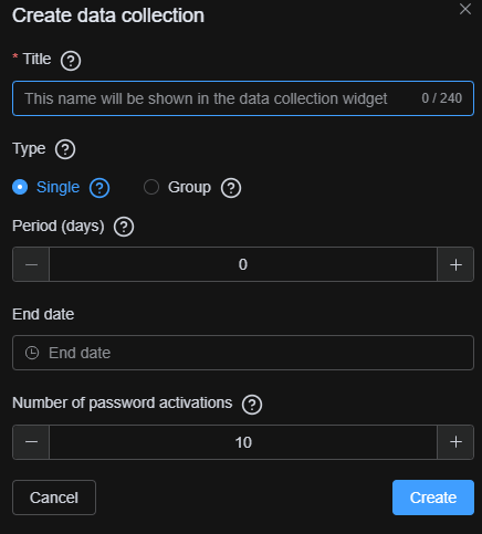 Configuring Data Collection parameters including Type, Period, and Access Dates
