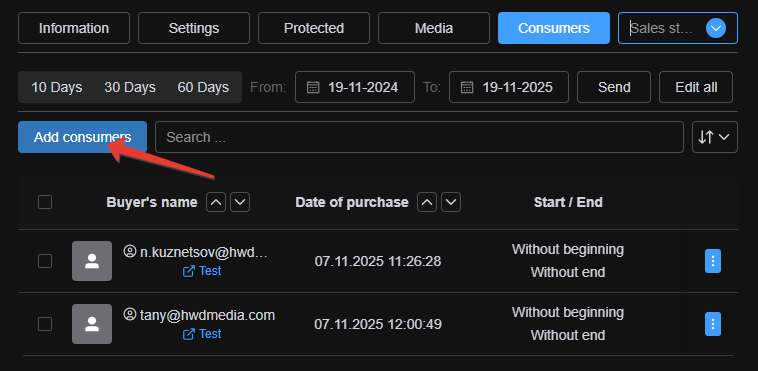 Clicking the Add Consumer button to grant free access