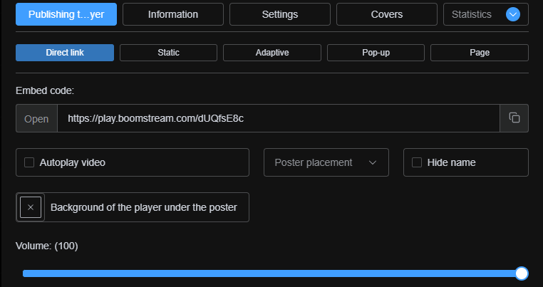 Player Publishing tab with embed codes and direct links