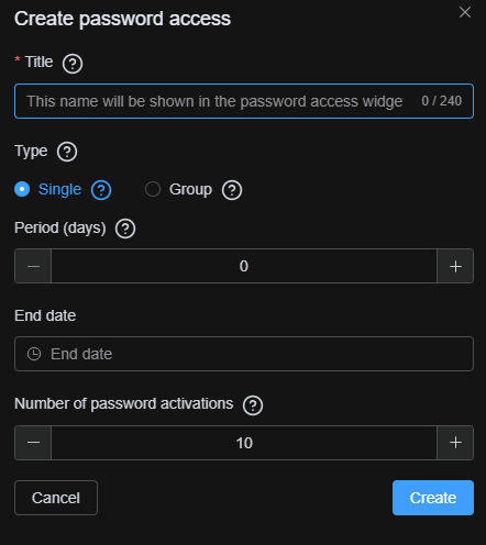 Configuring Password Access parameters like Name, End Date, and Activations