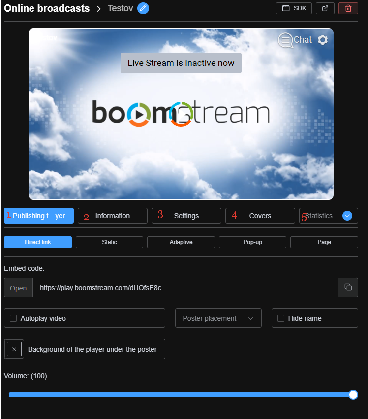 Overview of the live broadcast management card in Boomstream