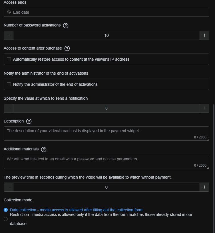 Paid access card advanced parameters: redirect URLs, descriptions, and preview time