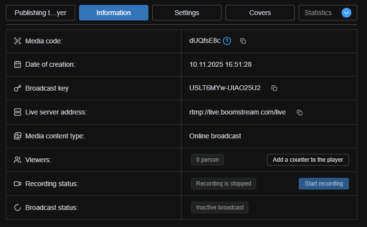 Information tab showing the Stream Key and Server Address for encoder setup