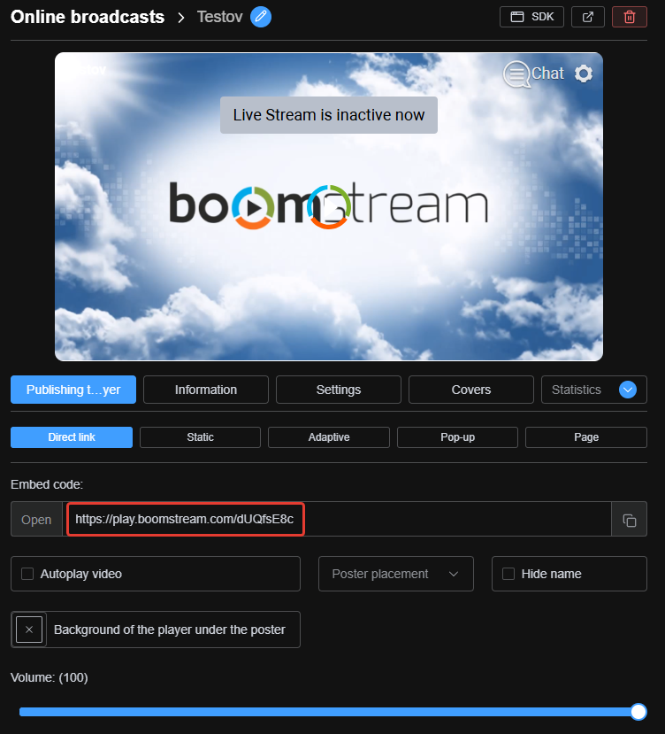 Retrieving the iframe embed code from the Player Publishing tab