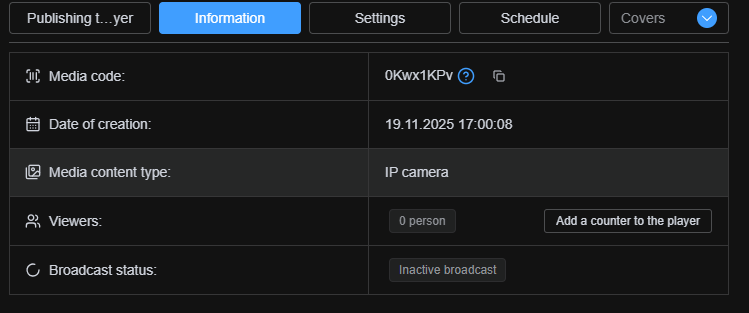 Broadcast information and metadata overview for IP camera stream