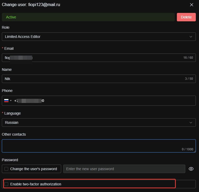 Editing sub-user settings to enable Two-Factor Authentication