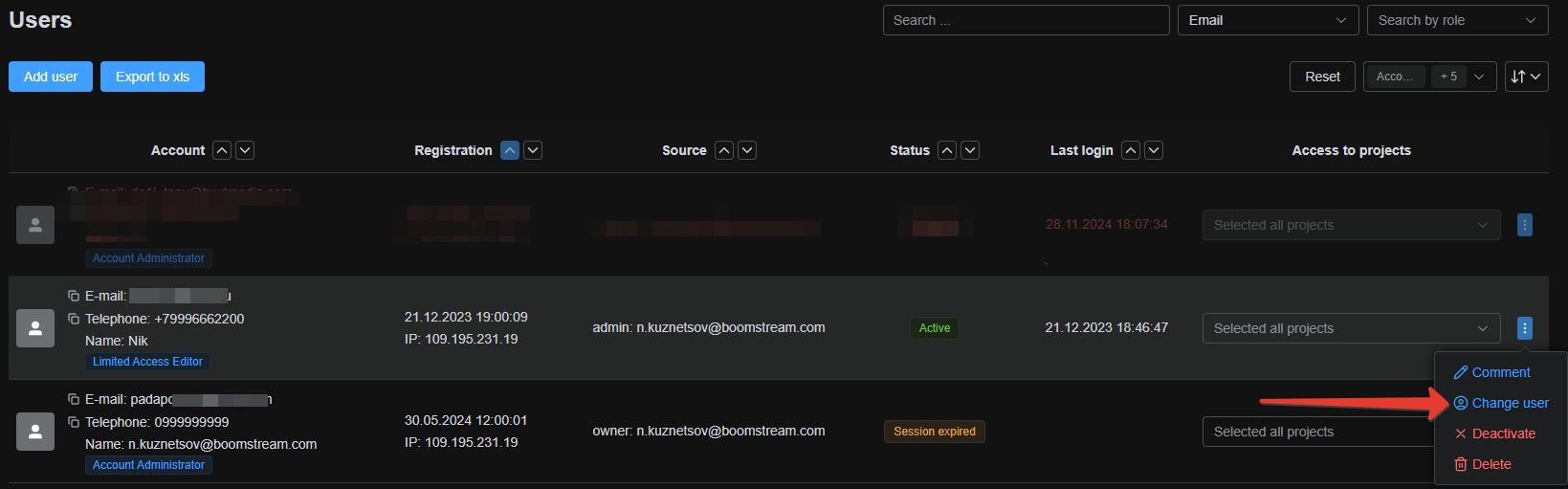 Account Management Users list in Boomstream