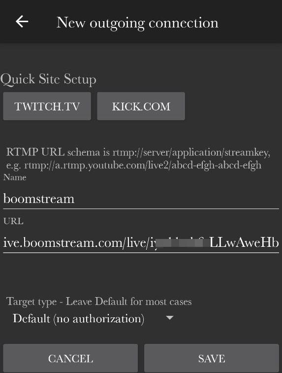 Сохранённое соединение с сервером Boomstream в IRL Pro