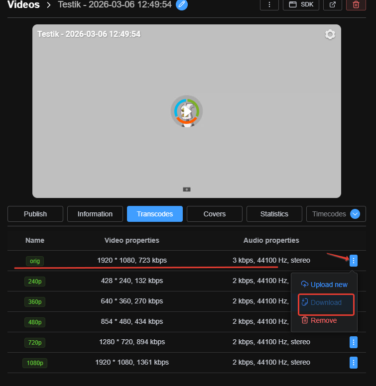 Downloading the original video file from the Transcodes tab