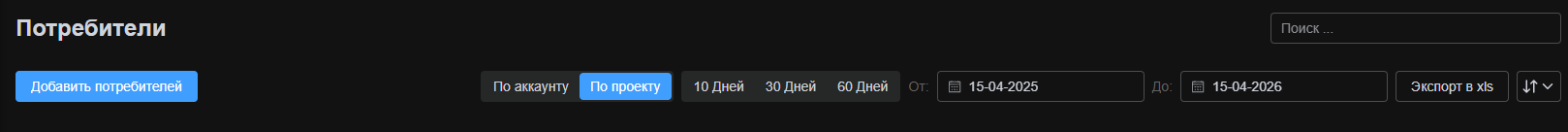 Поисковая строка и фильтры по дате в разделе «Потребители»