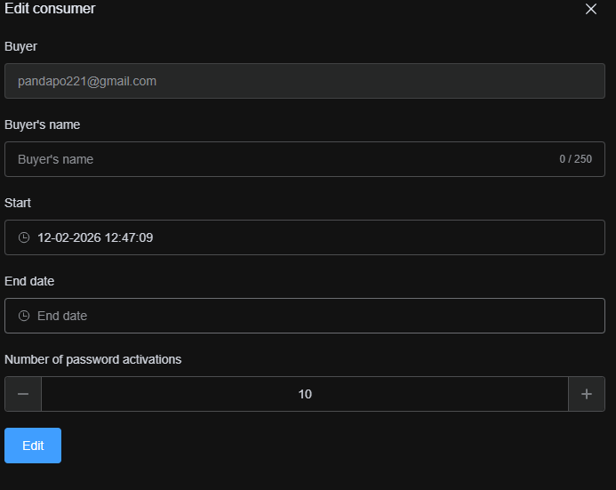 Changing consumer access parameters in the edit window