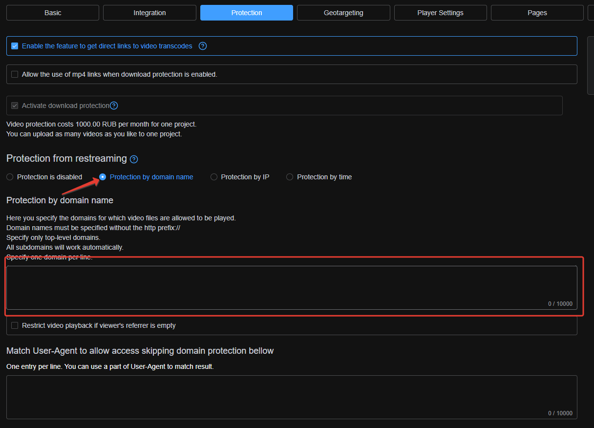 Domain protection settings in Boomstream dashboard