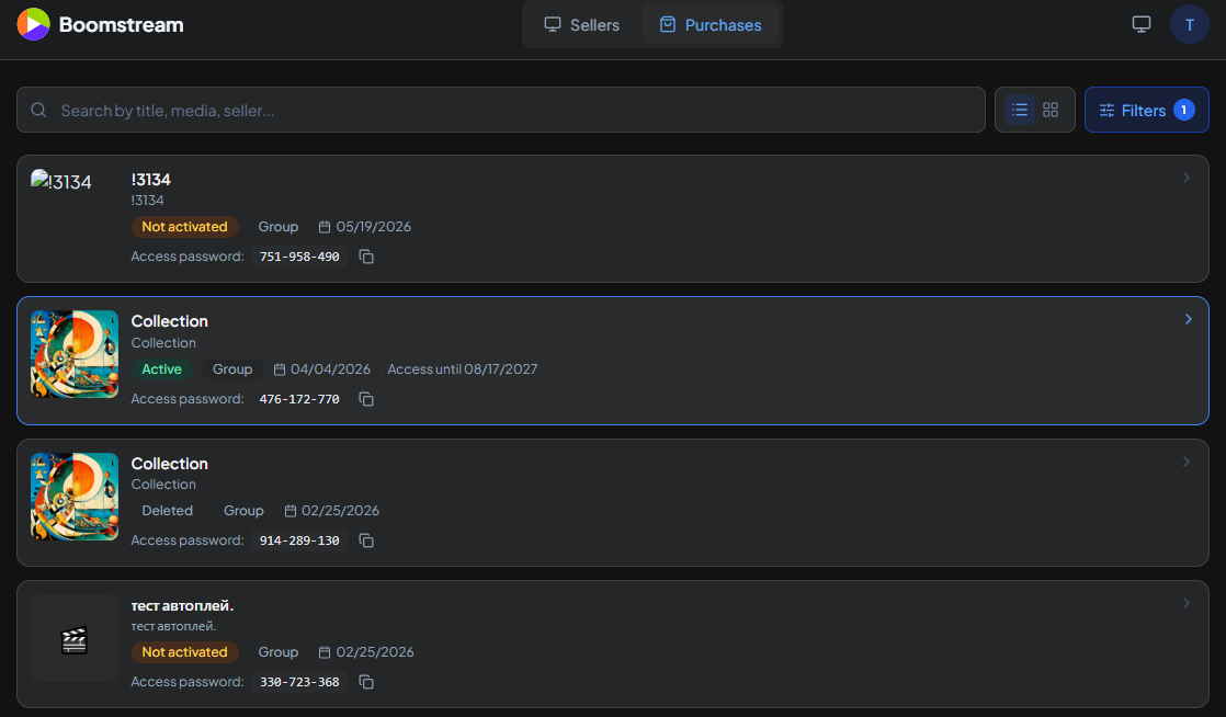 Viewer's access and purchase list